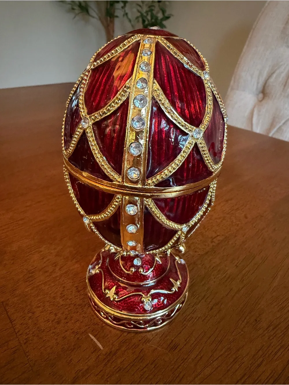 Russian-Styled Red Enamel Fabergé Decorative Egg Trinket Music Box